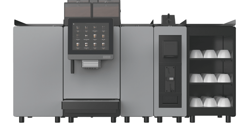 Franke A800 professionelle Kaffeemaschine in Anthrazit mit Touchdisplay, Flavor Station, Accounting-Modul, Kühleinheit und Tassenwärmer für den Einsatz in Gastronomie, Büro und Selbstbedienungsbereichen.