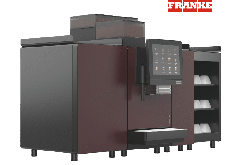Franke A800 vollautomatische Kaffeemaschine mit Kühleinheit und großem Touchdisplay für professionelle Kaffeezubereitung in Gastronomie, Hotellerie und Unternehmen.